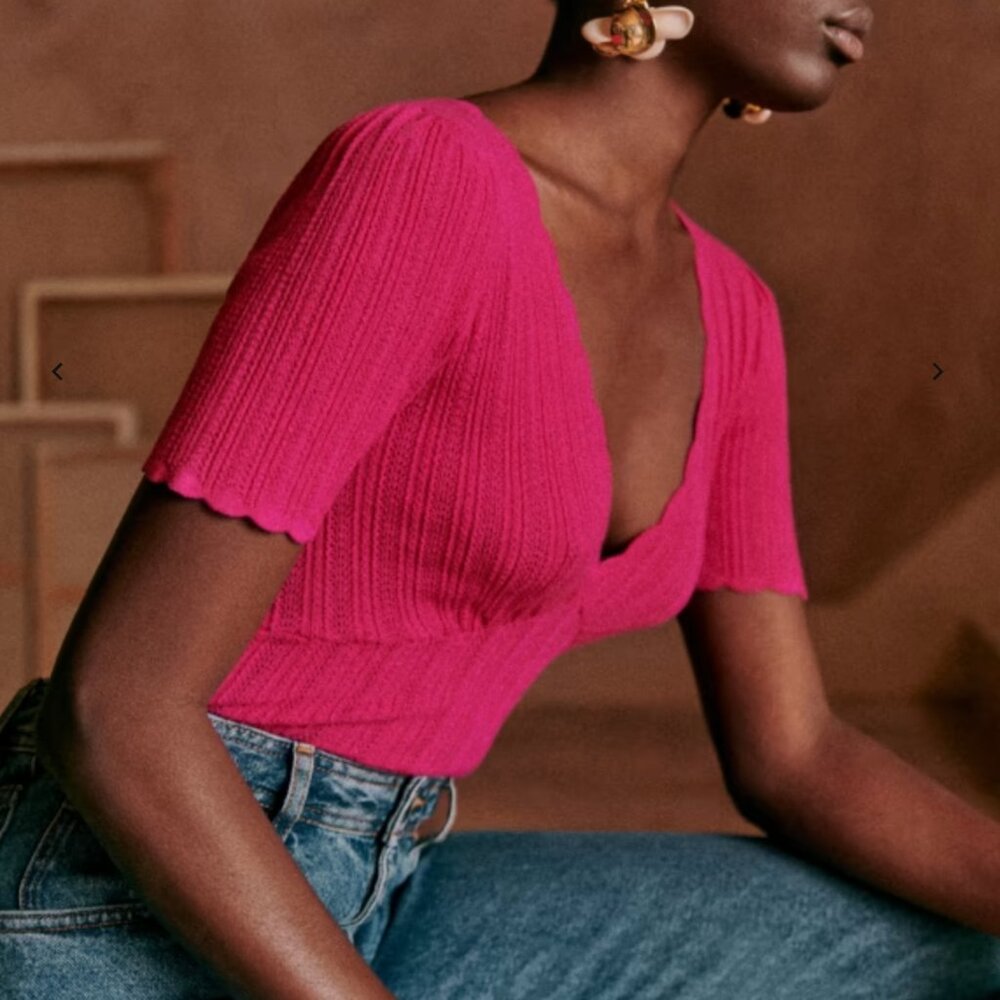 Sezane Cloe Jumper Small Top Short Sleeve Sweater Knit Fuchsia Pink
